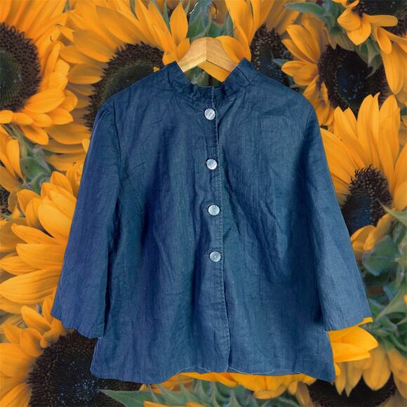 Coldwater Creek Women's 16 Dark Blue 100% Linen 4 Button Up 3/4 Sleeve Jacket - Picture 1 of 8